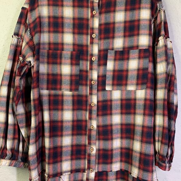 EASEL Shirt Dress Medium Plaid Flannel Drop Shoulder Balloon Sleeve‎ Raw Hem - Picture 5 of 13